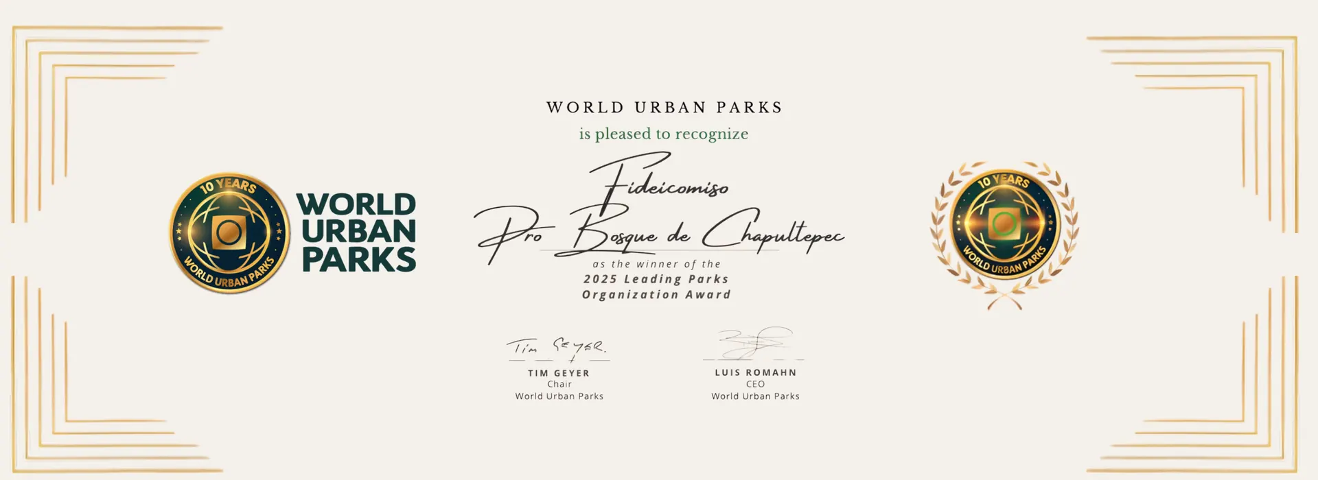 premio organización Líder en Parques del World Urban Parks