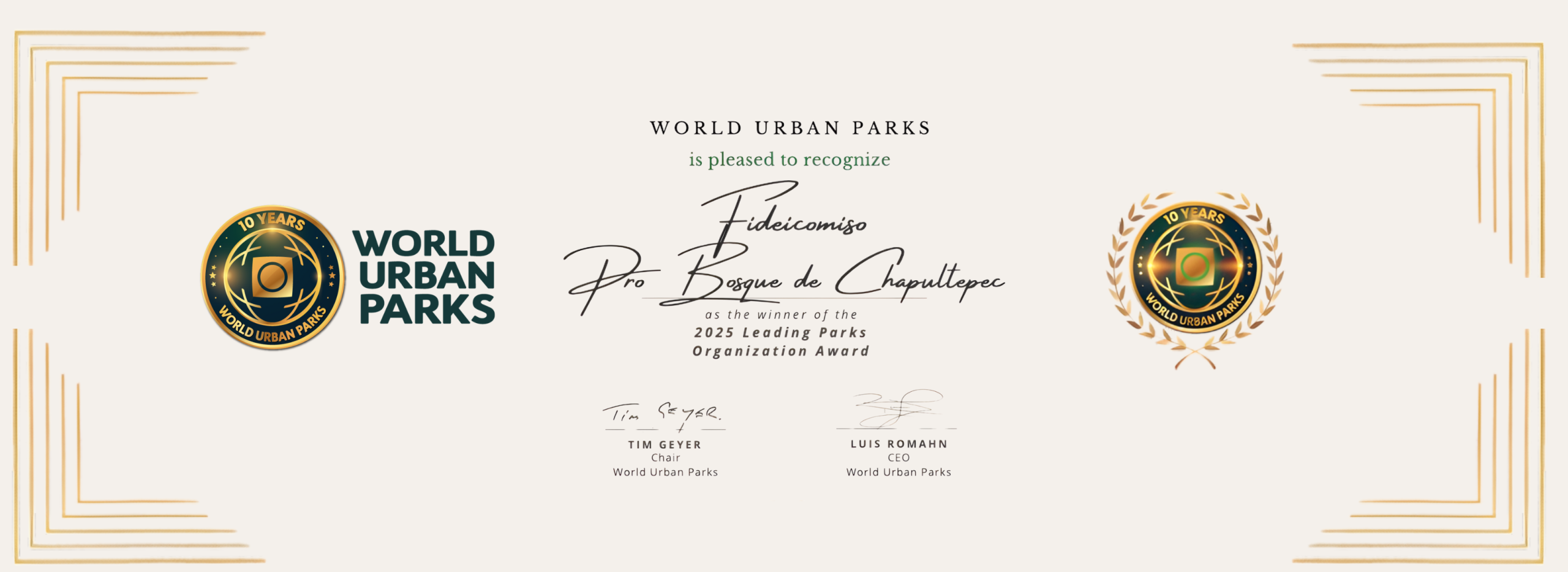 premio organización Líder en Parques del World Urban Parks